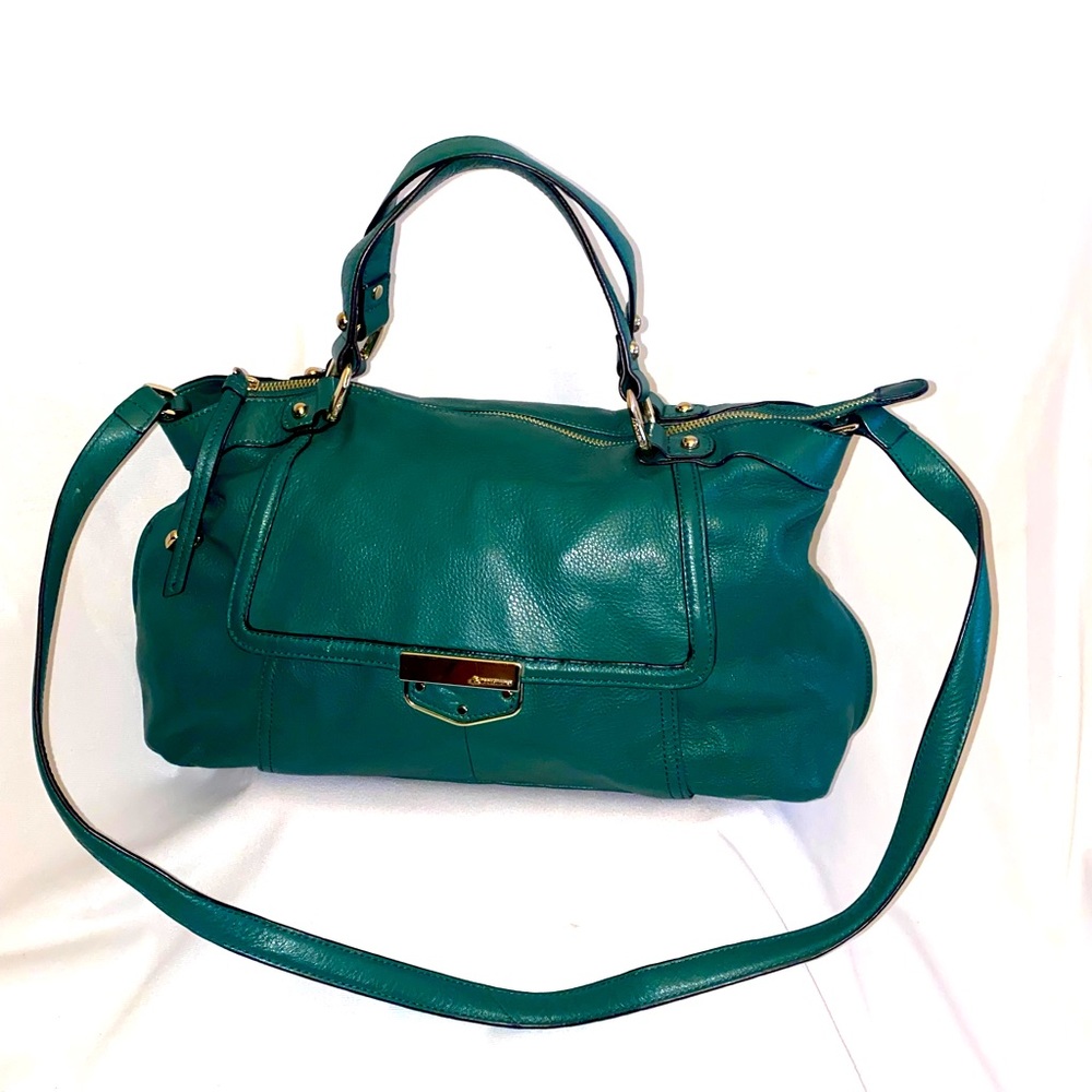 b. makowsky Teal Leather Tote with Gold Hardware